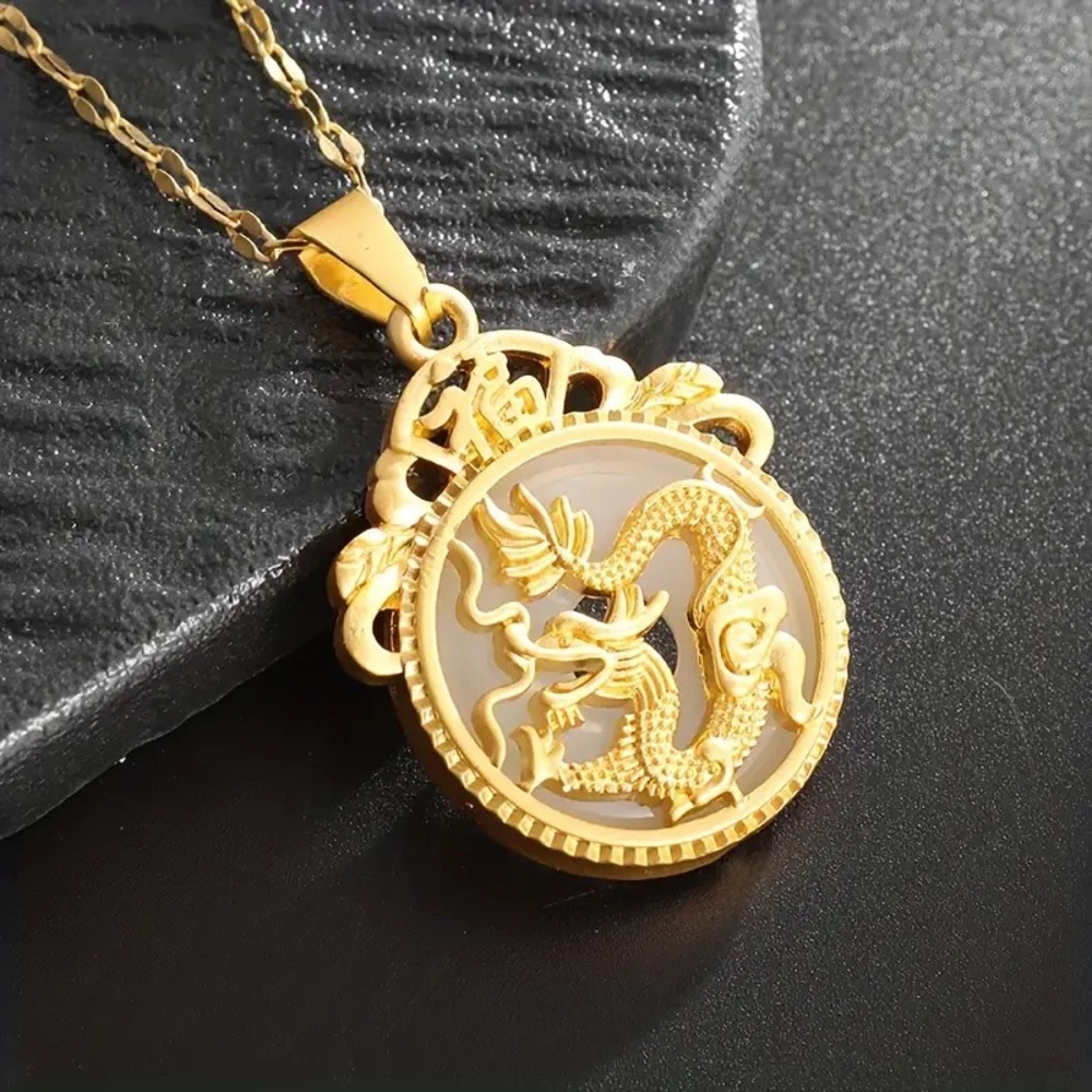 Good Fortune Dragon Pendant Gold Tone Necklace